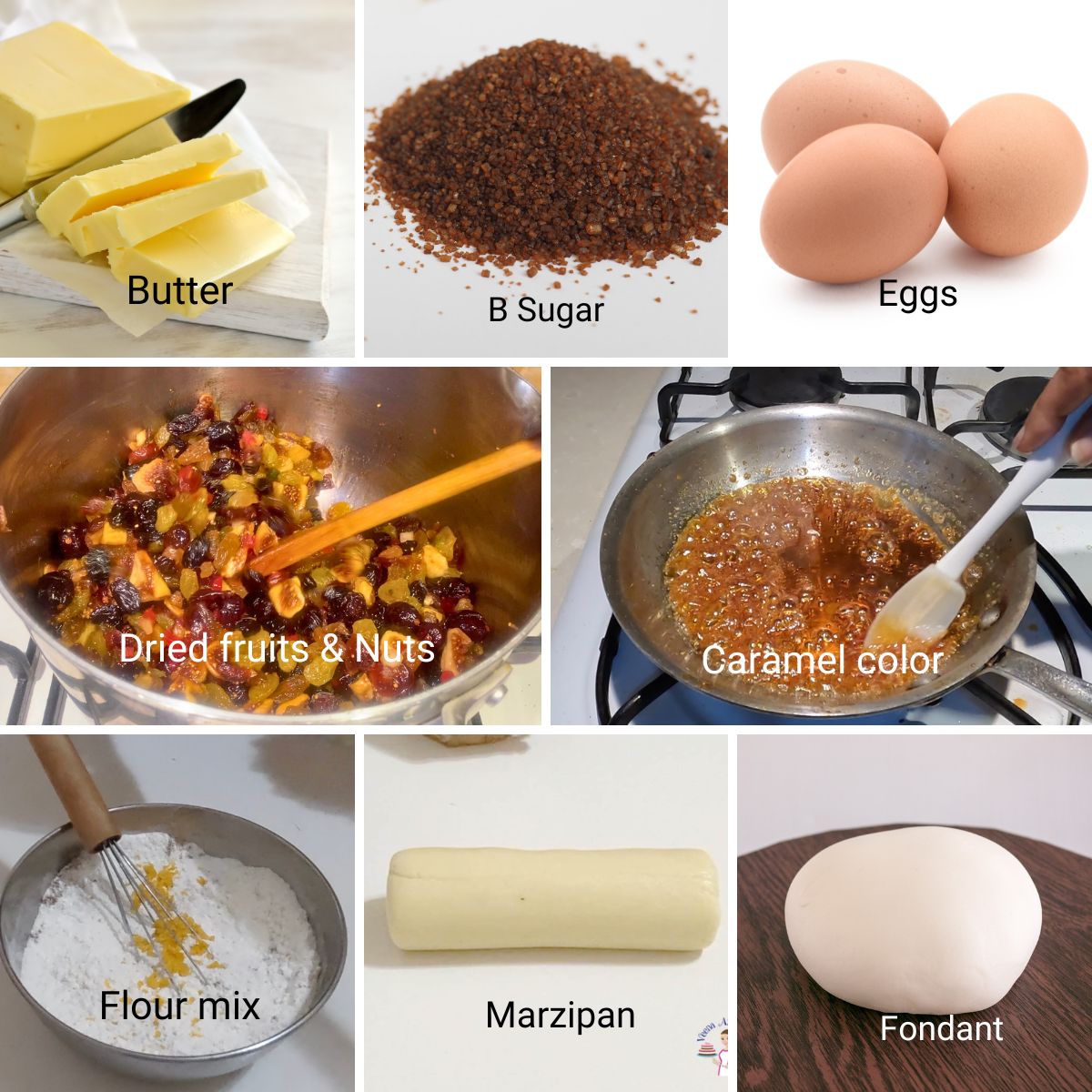 Ingredients for making fruitcake.