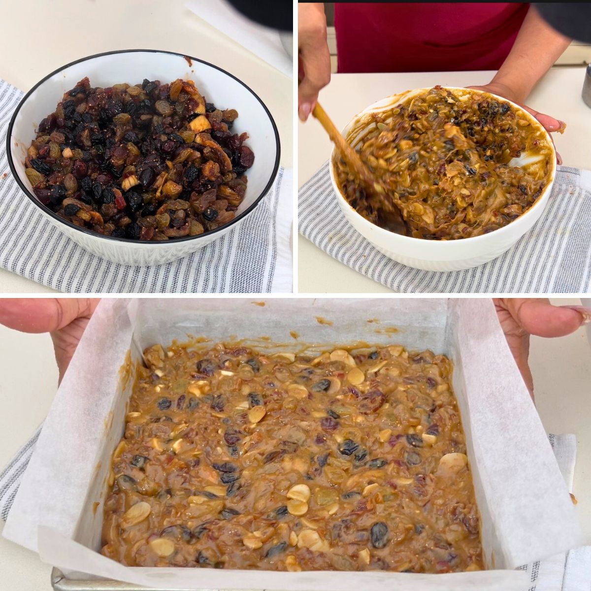 Adding soaked fruits to the mini fruitcakes.