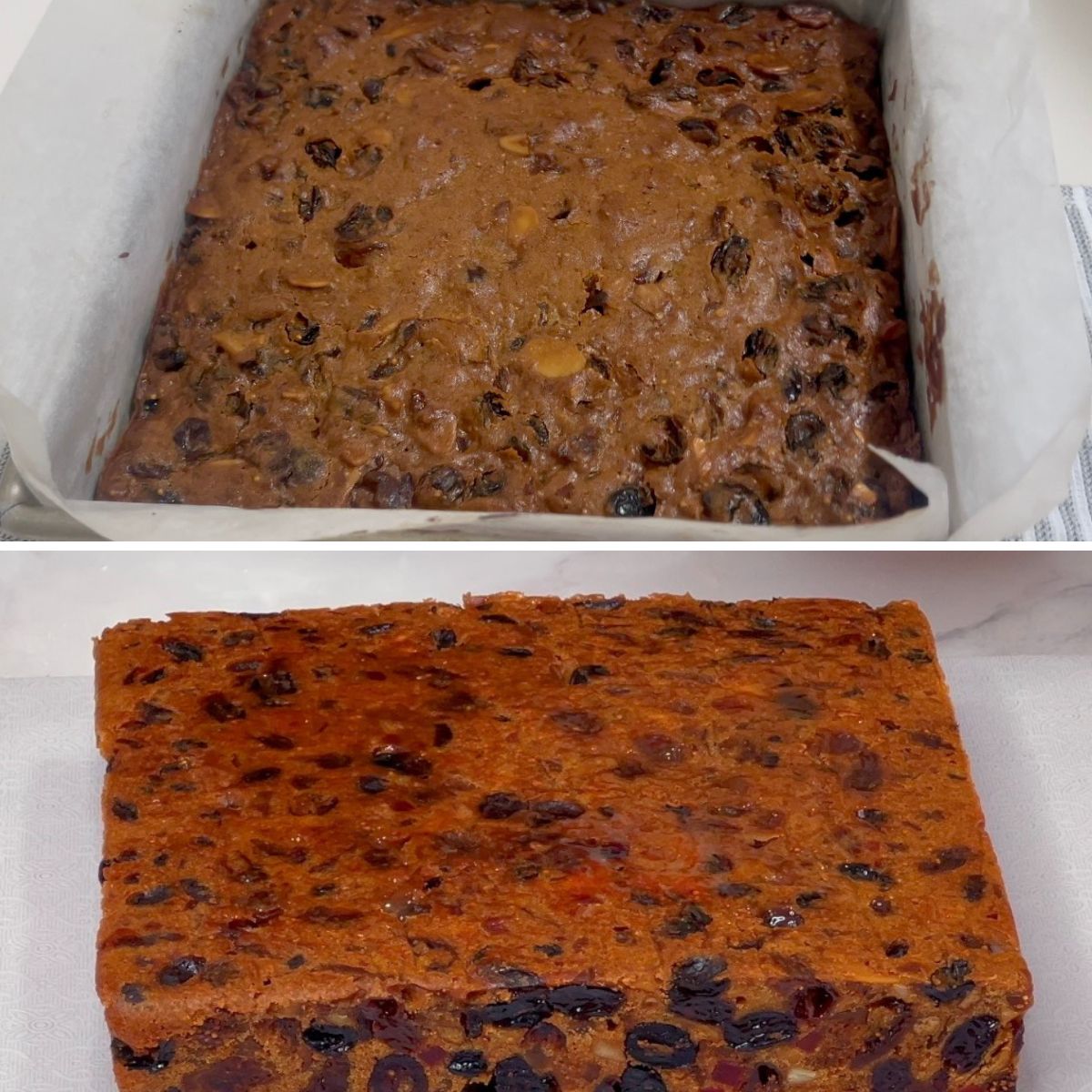 Fruitcake baking before and after collage.