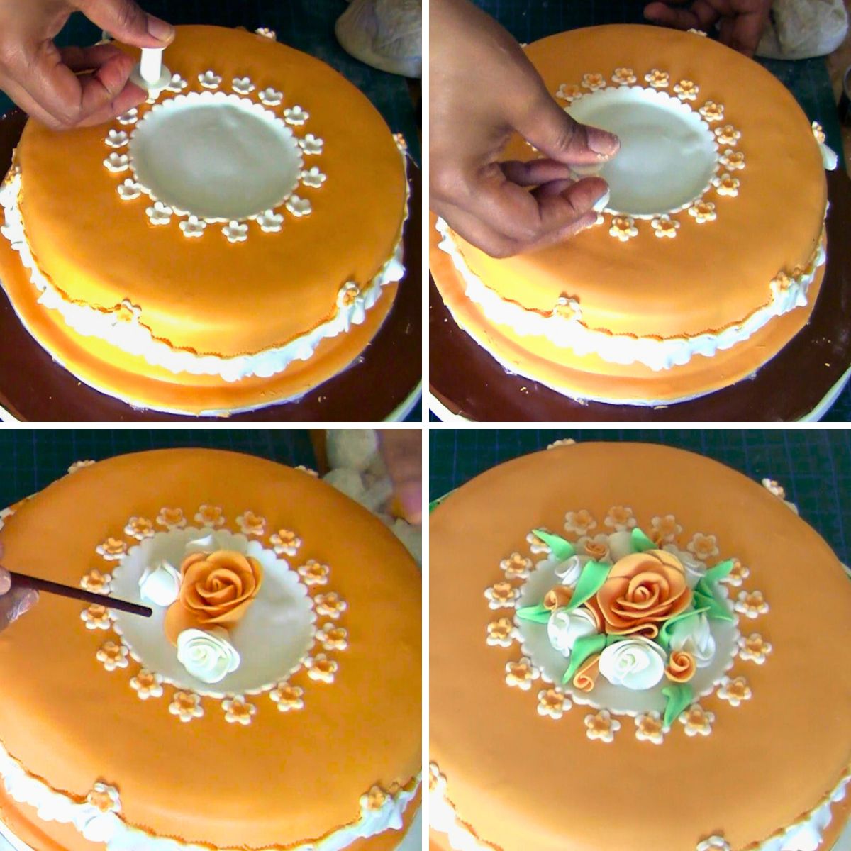 Making fondant blossoms on a wedding cake.
