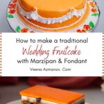 Pinterest image for wedding fruitcake with marzipan and fondant.