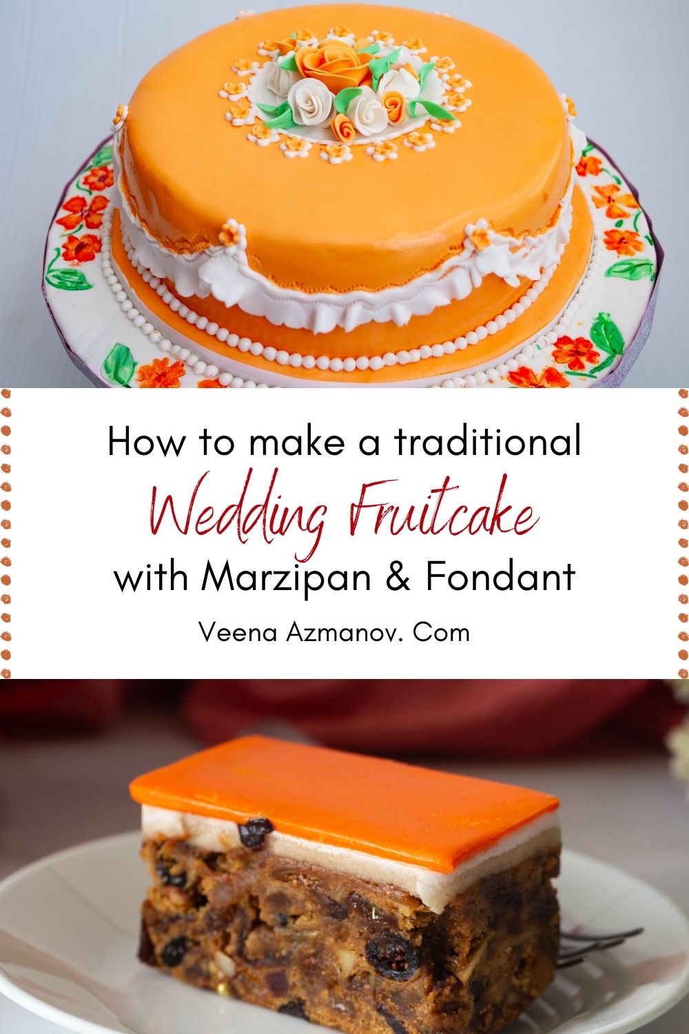 Pinterest image for wedding fruitcake with marzipan and fondant.