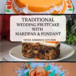 Pinterest image for wedding fruitcake with marzipan and fondant.