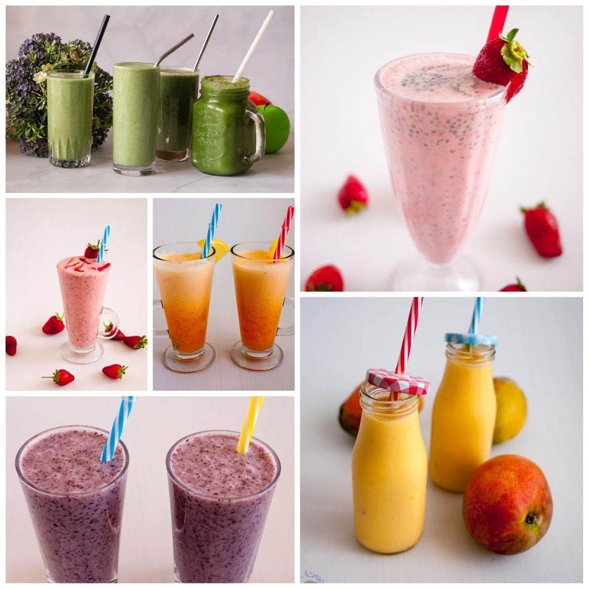 Breakfast drinks including smoothies and green juices made with fruit, greens, and simple ingredients