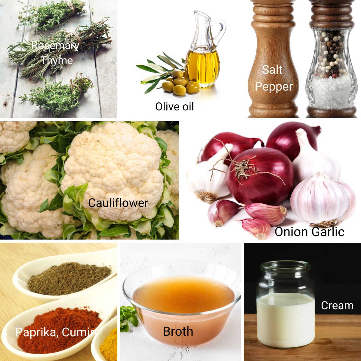 Ingredients for making roasted cauliflower soup.