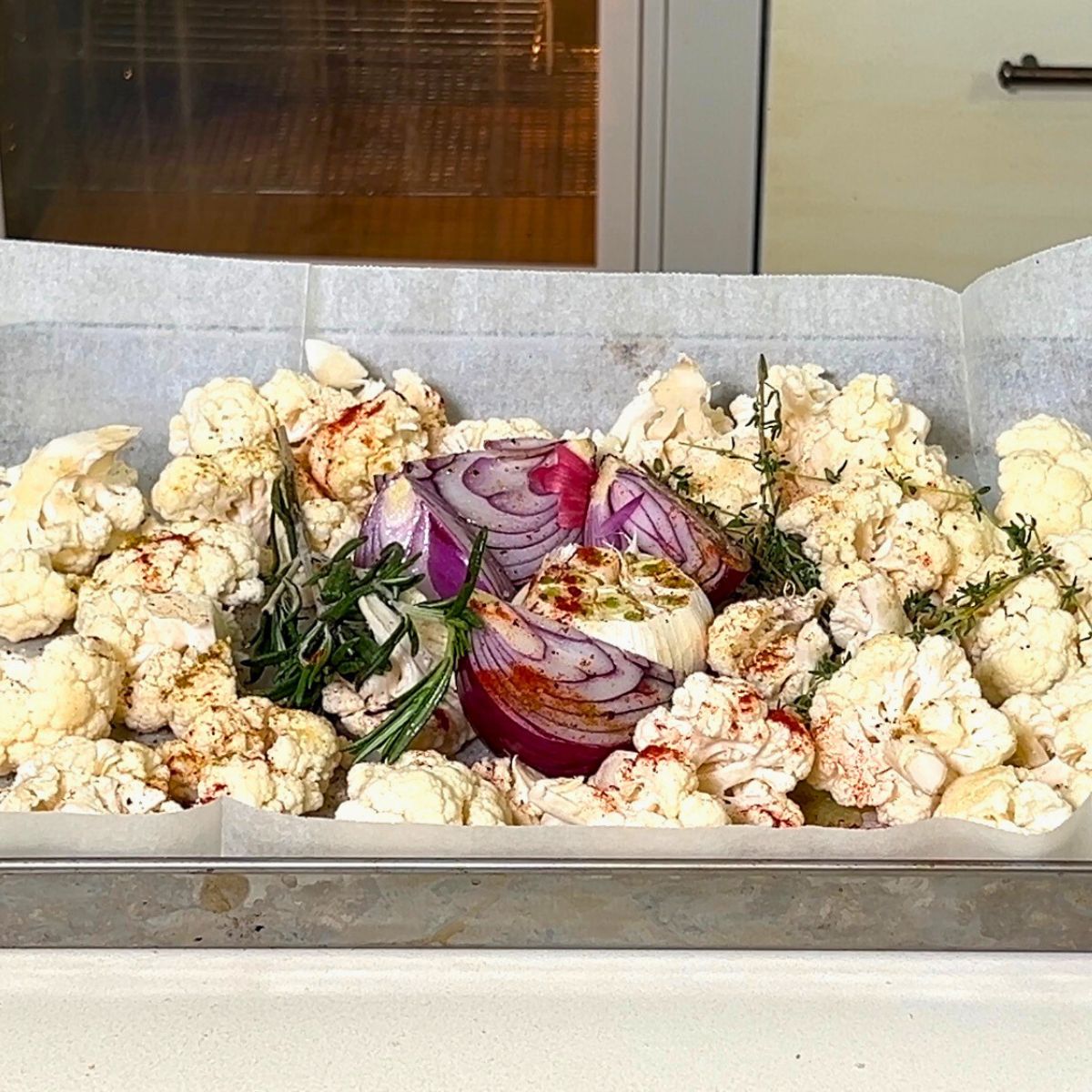 Roasted the cauliflower for making soup in a baking tray.