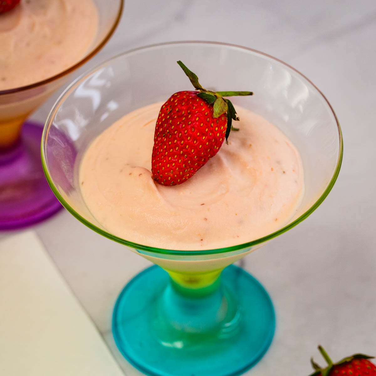 A martini glass with mousse for Valentines Day.