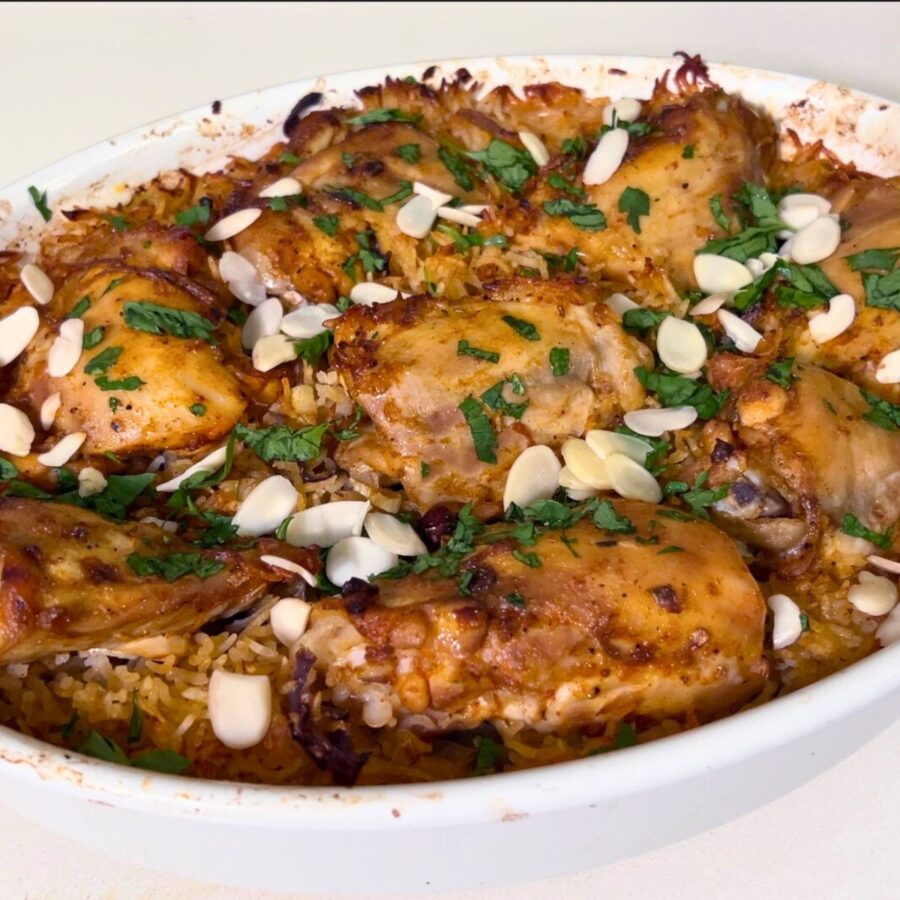 Baking dish with chicken and rice.