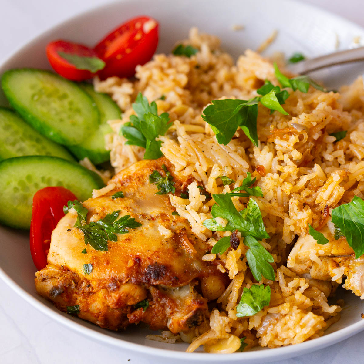 A plate with chicken and rice.