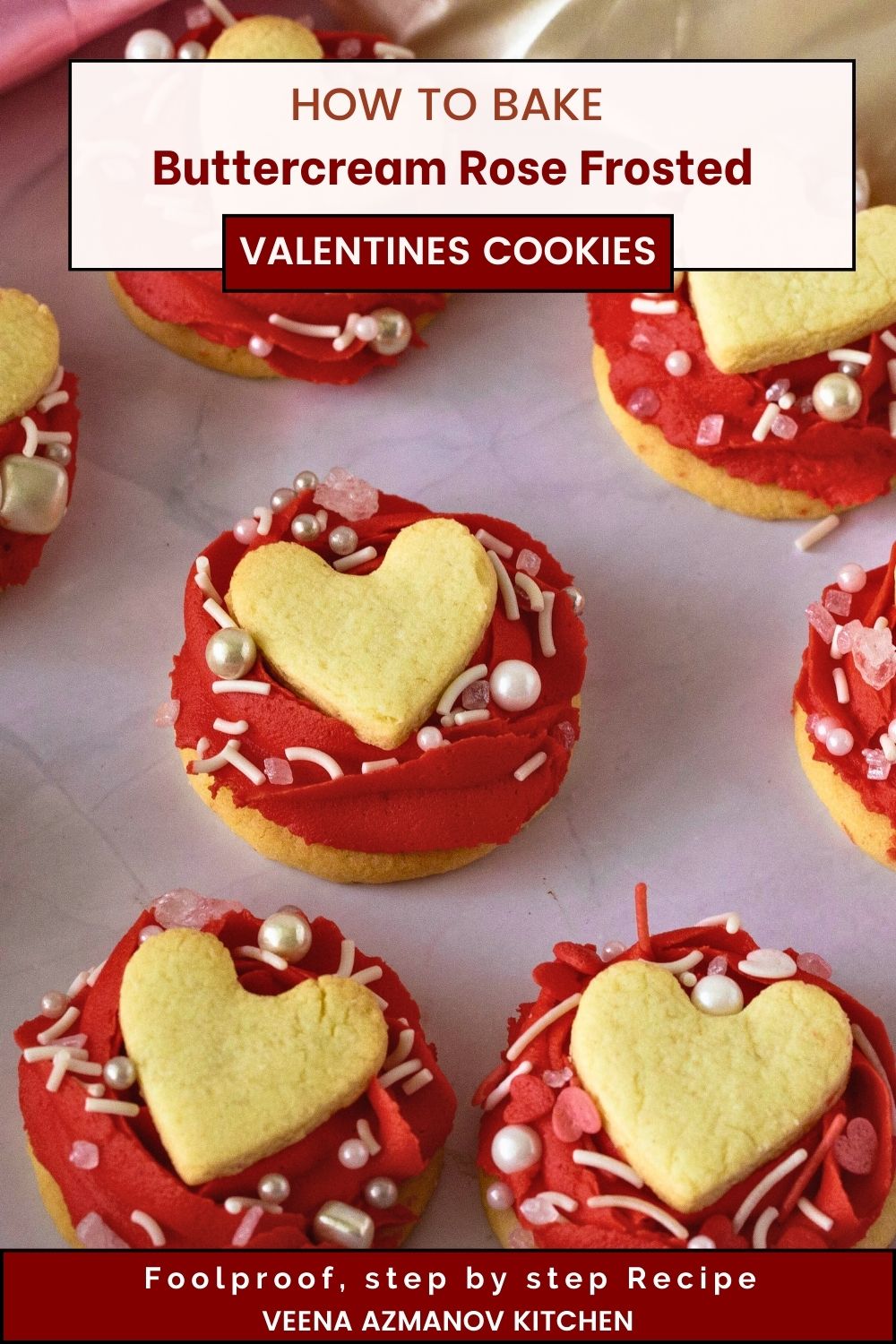Pinterest image for Buttercream Rose Frosted Valentine Cookies.