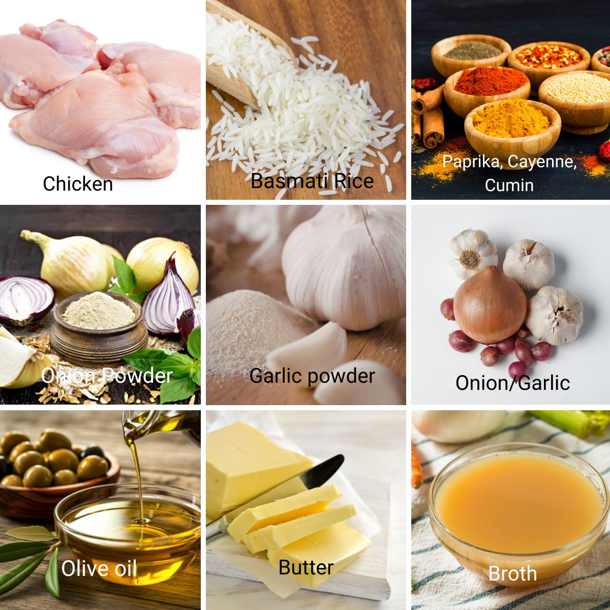 Ingredients for making baked chicken with rice.