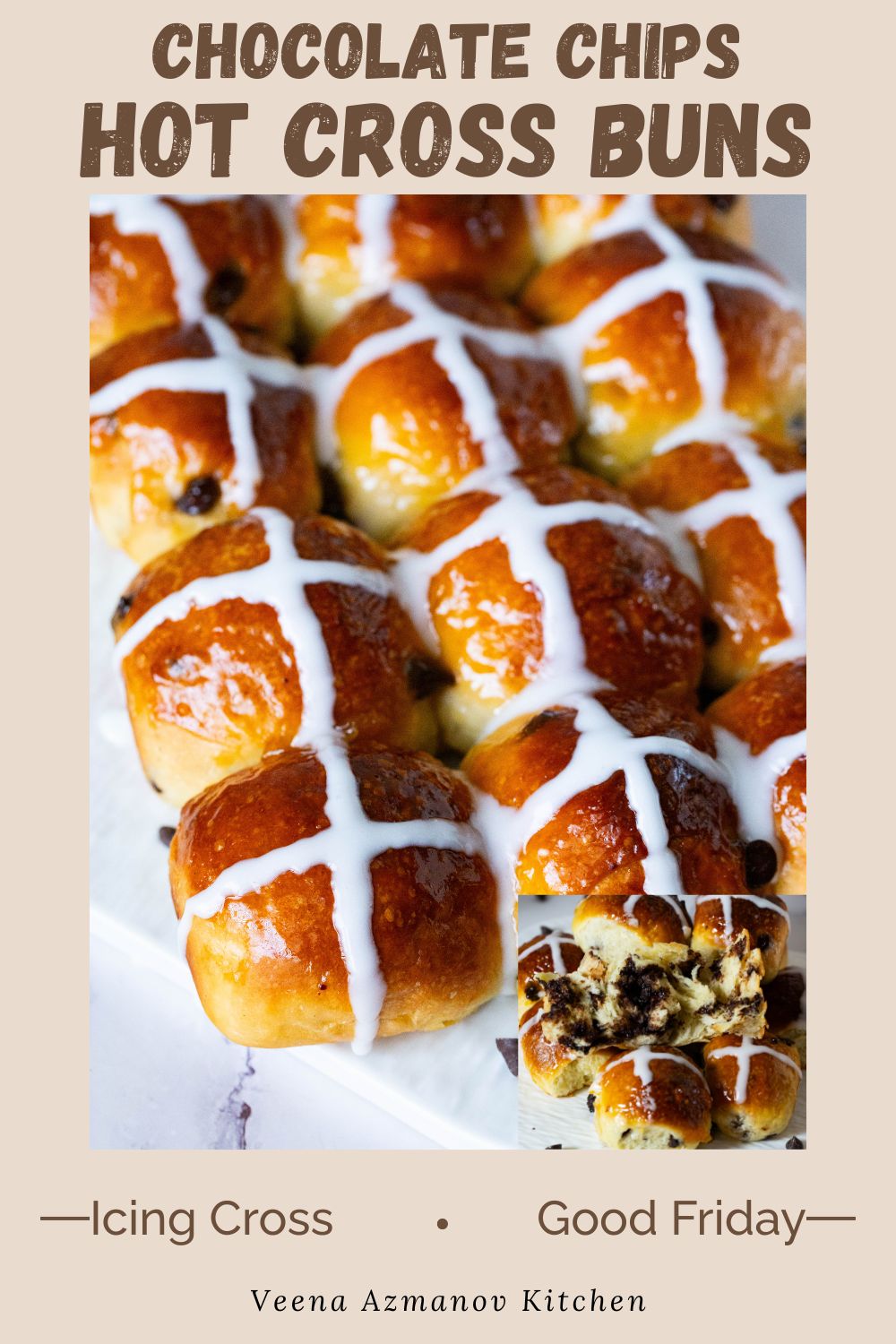 Pinterest image for Hot Cross Buns with Chocolate Chips.