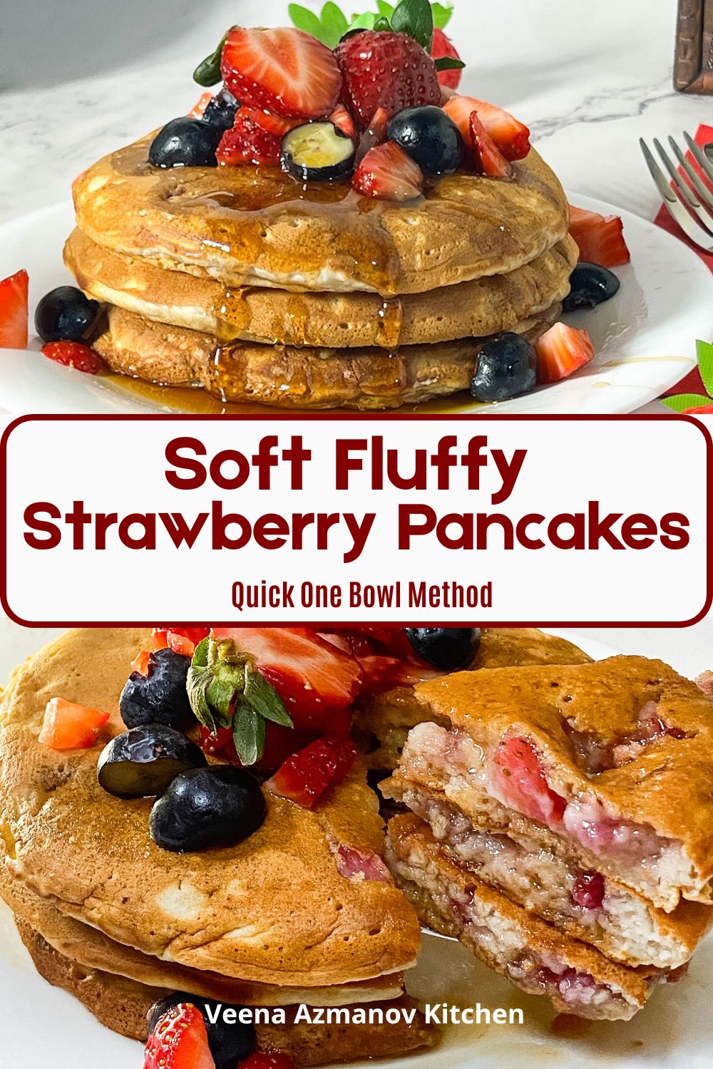 Pinterest image for fresh strawberry pancakes.