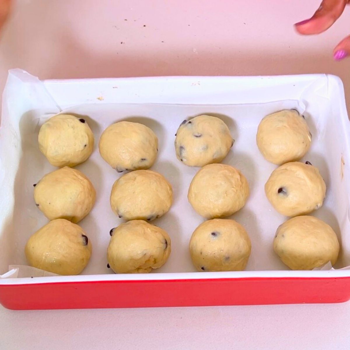 Buns with chocolate chips for second rise.