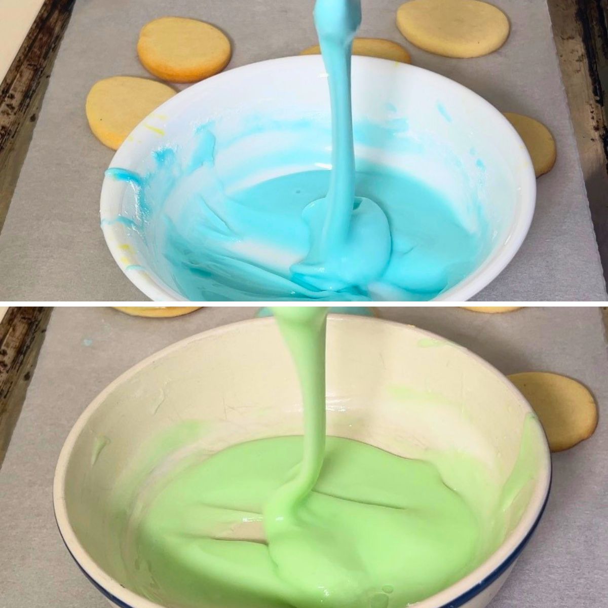 Colored glaze icing in a bowl.