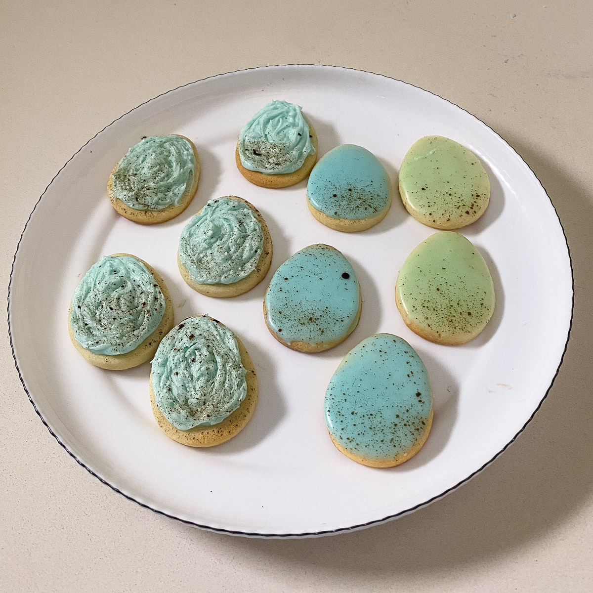 A plate with speckled eggs.