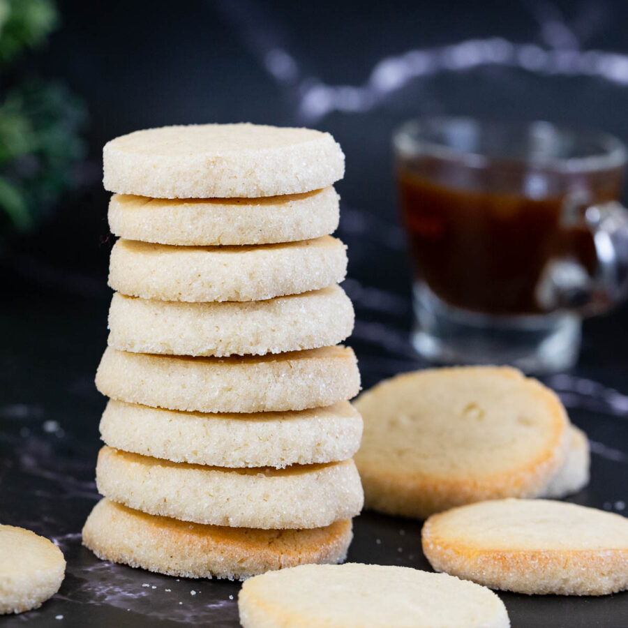 Stack of butter cookies on the table.