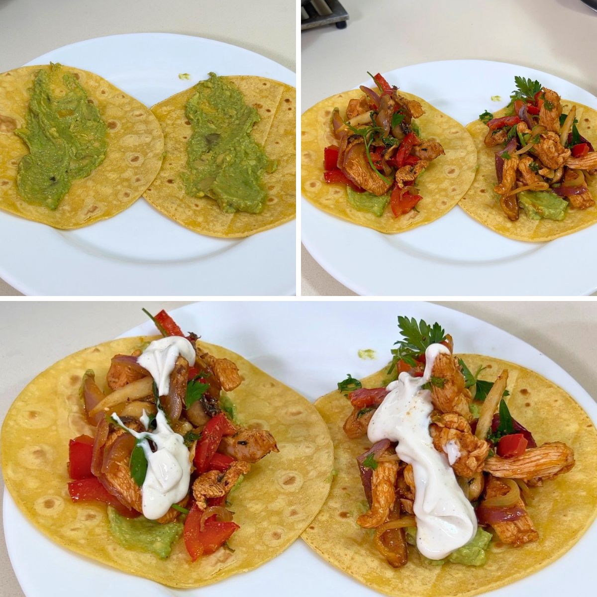 A collage of taco being piled on tortilla.