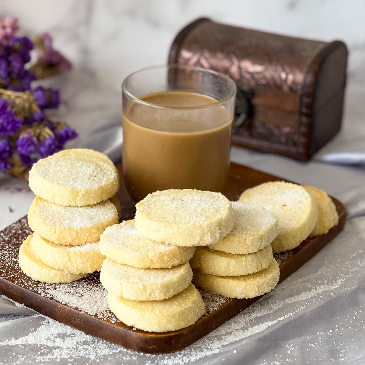 A stack of butter cookies on the table.