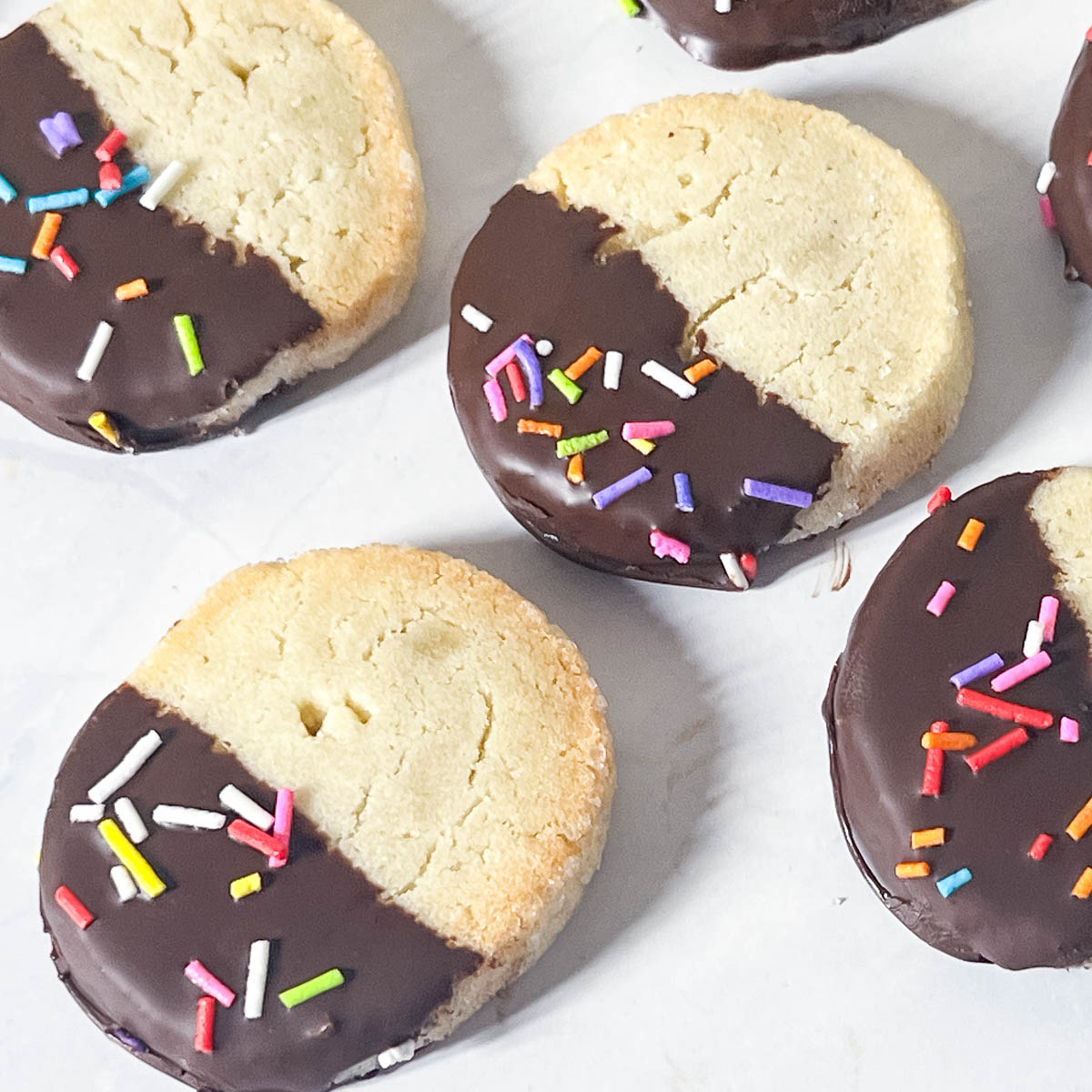 Chocolate coated butter cookies.
