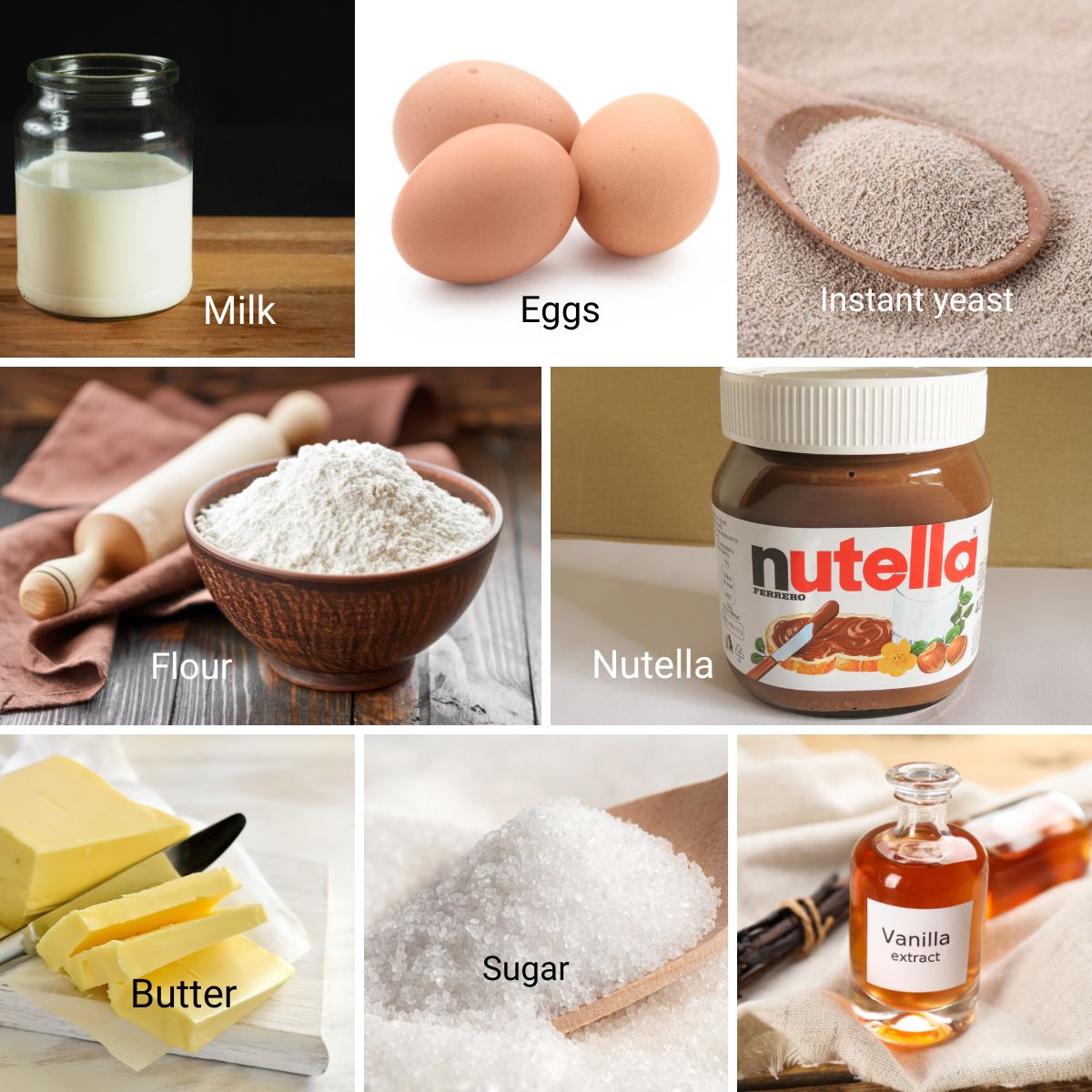 Ingredients for making the nutella stuffed buns.