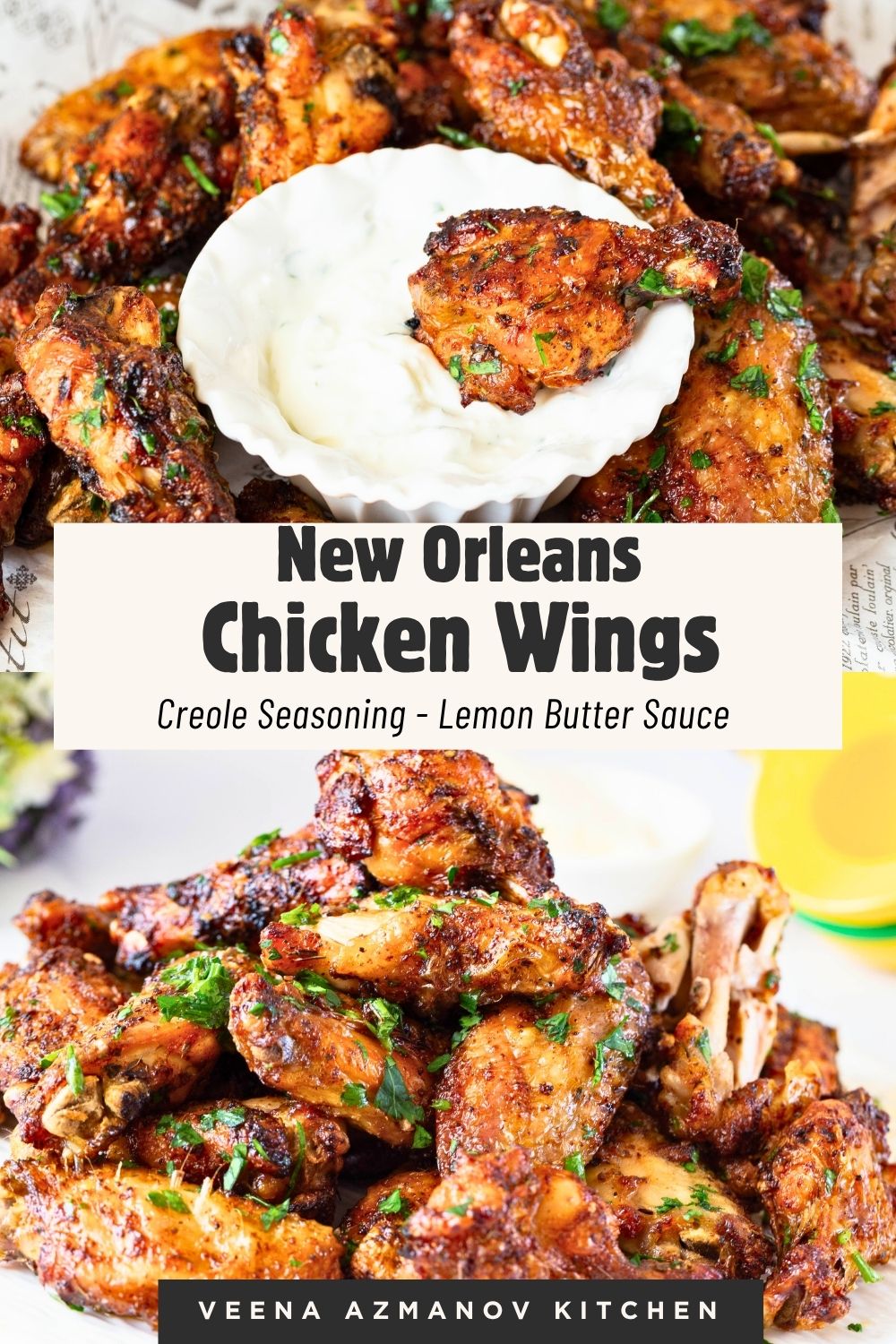 Pinterest image for New Orleans Creole Seasoned Chicken wings.