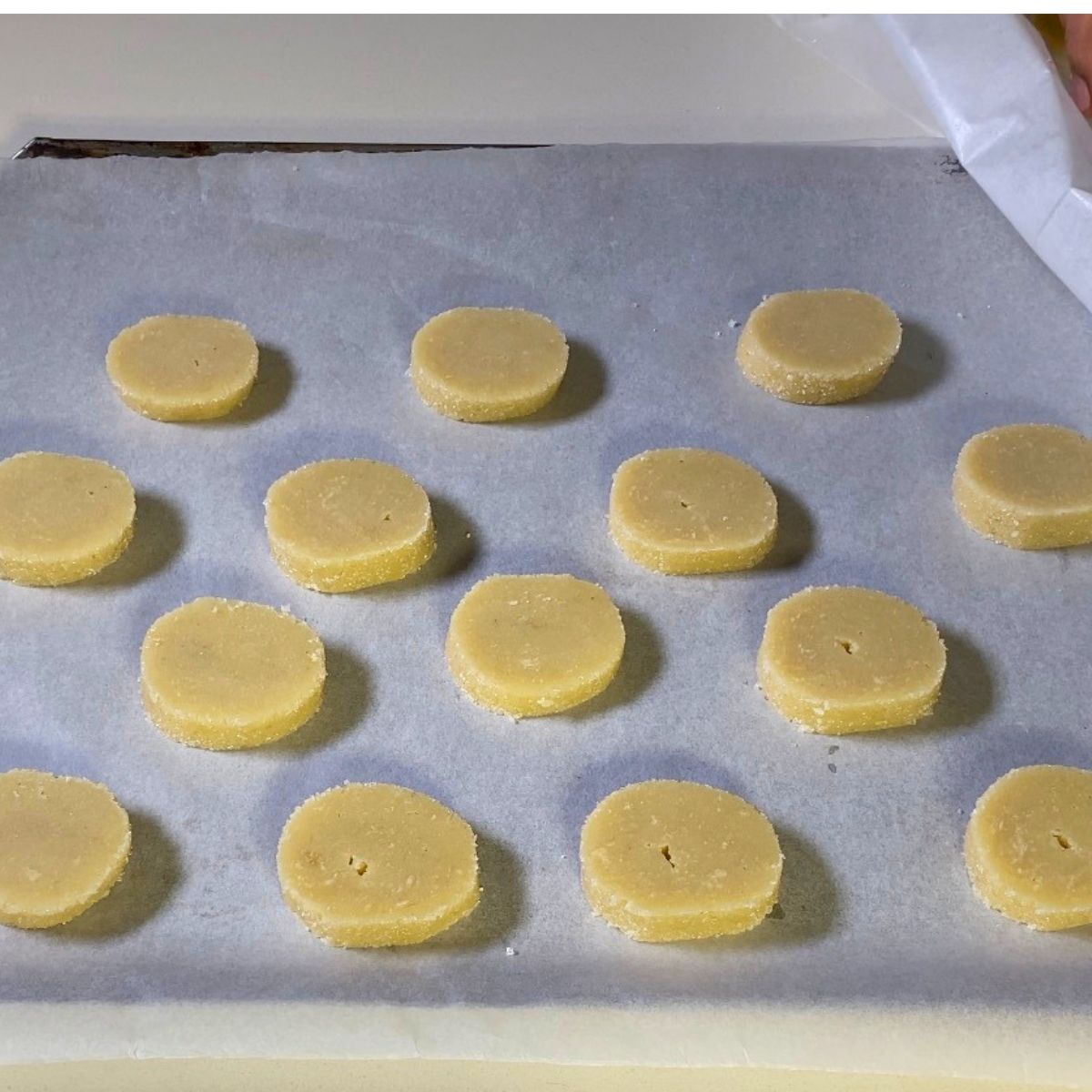 Fresh sliced butter cookie for baking on the tray.