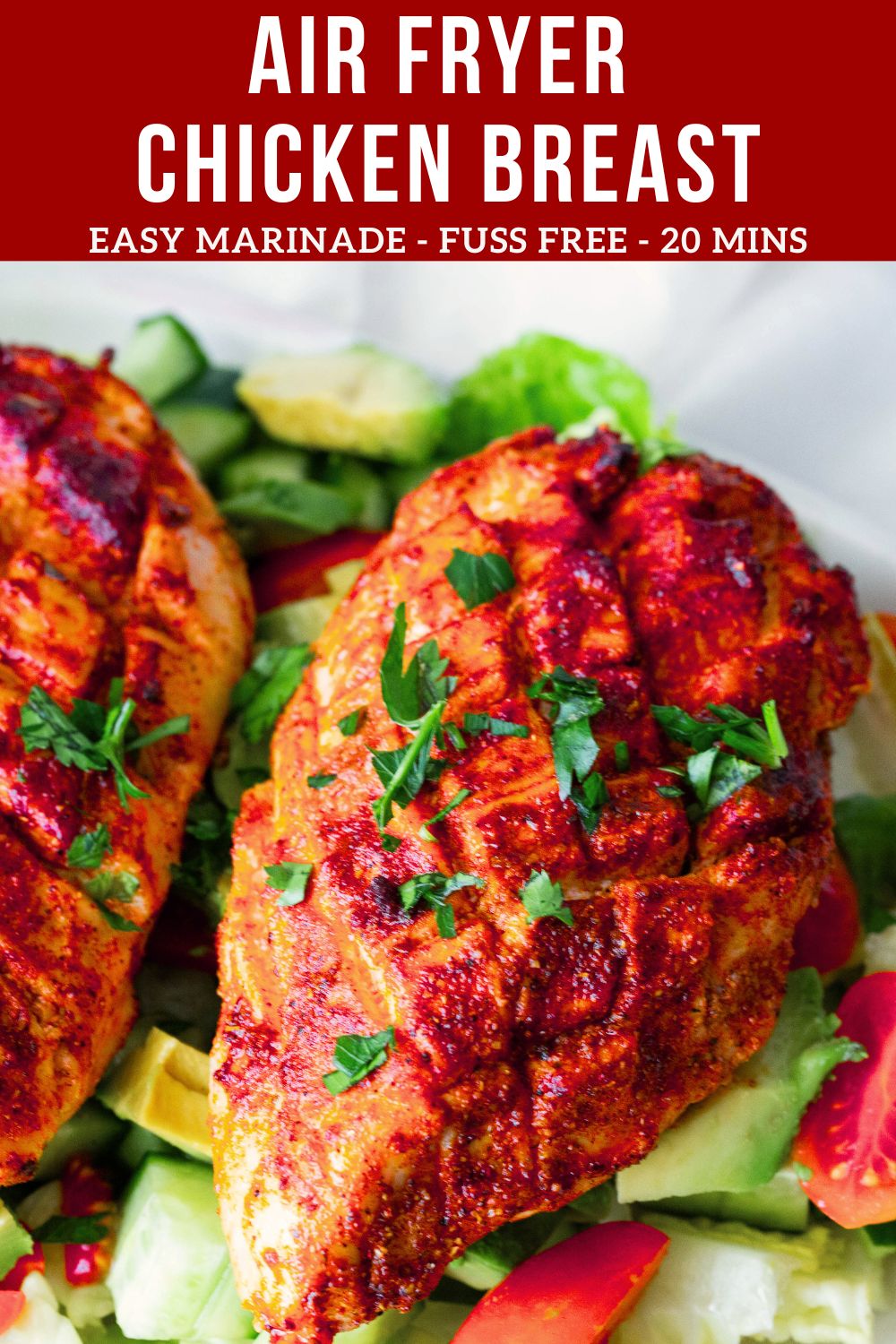 Pinterest image for Air Fryer Chicken Breast in 20 Mins.