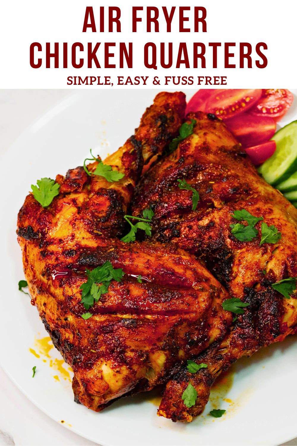 Pinterest image for Air fryer baked chicken quarters in 30 mins.