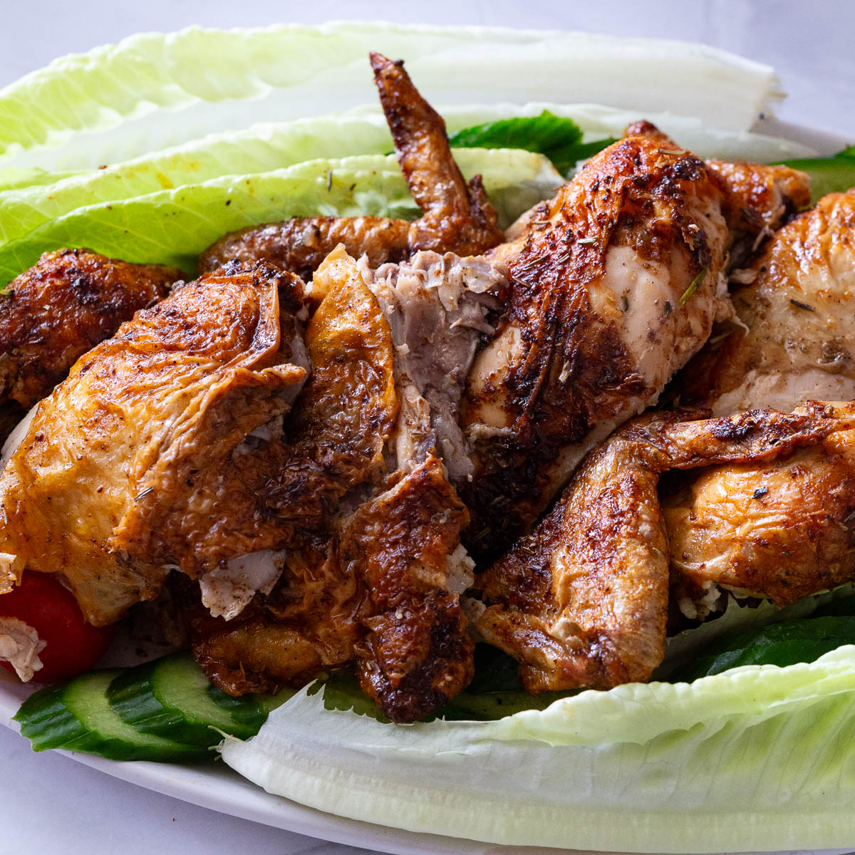 A platter with chopped air fryer roast chicken.