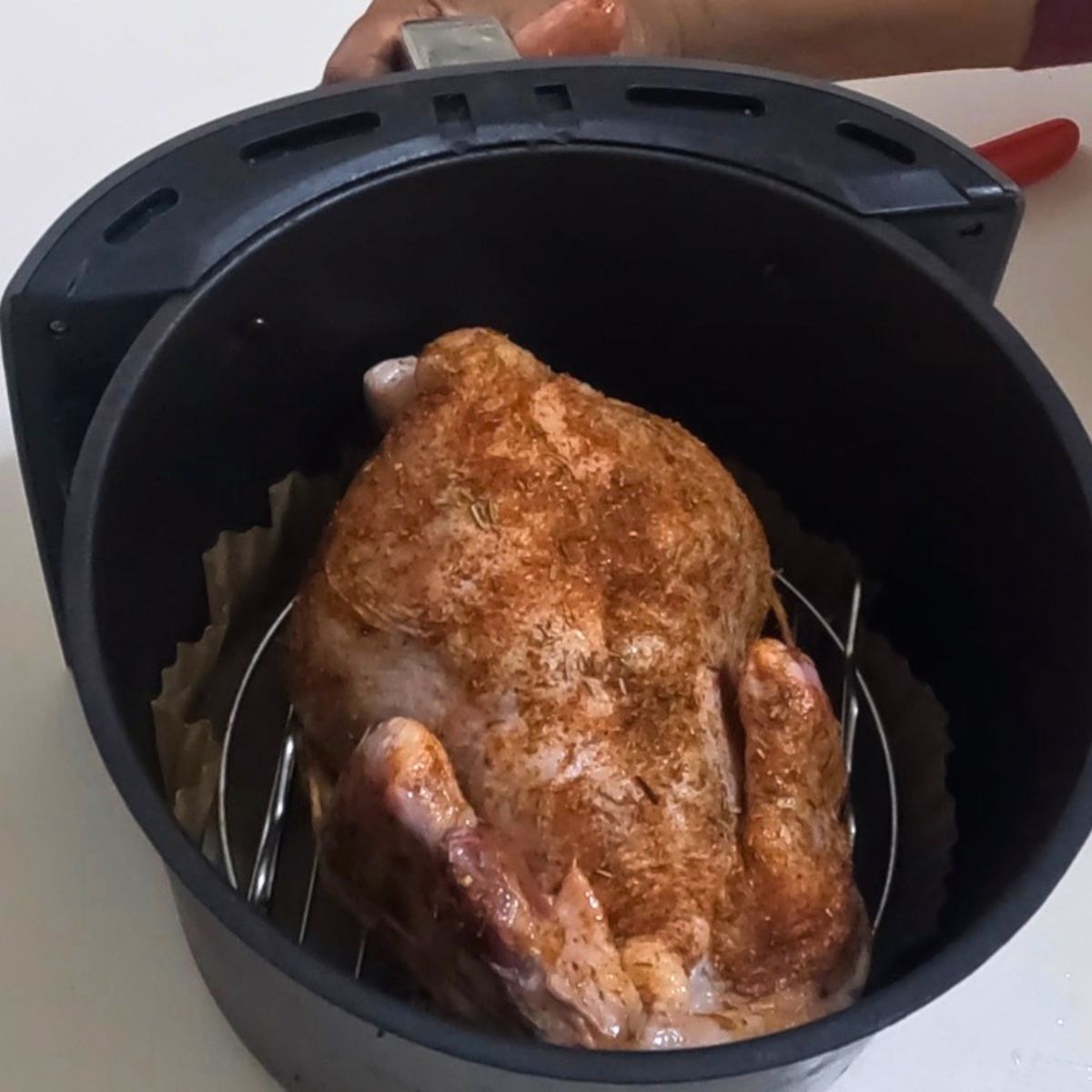 Air fryer basket with whole chicken.