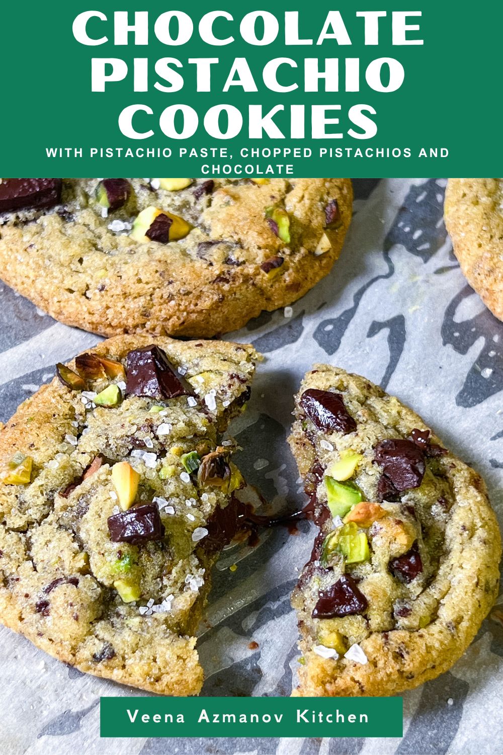 Pinterest image for chocolate chip pistachio cookies.