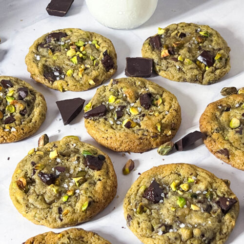 Classic Pistachio Cookies with chocolate on the table.