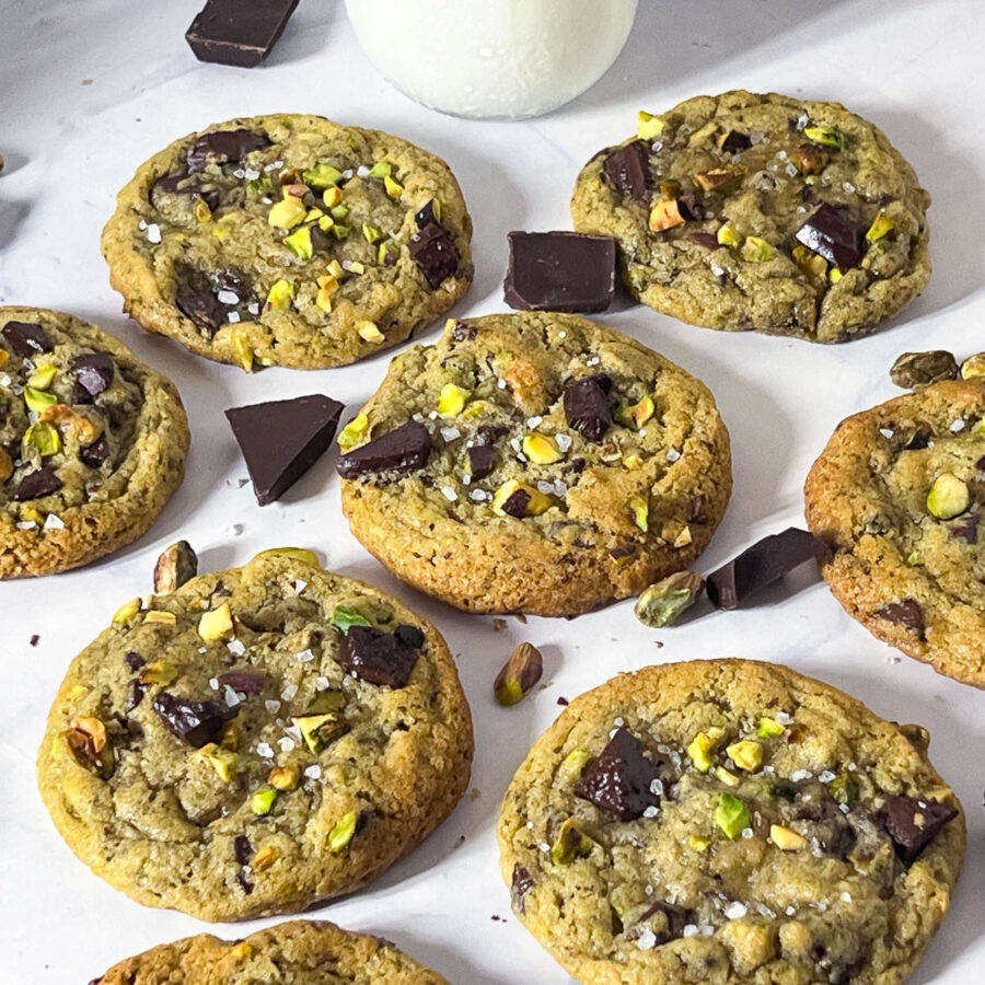 Classic Pistachio Cookies with chocolate on the table.