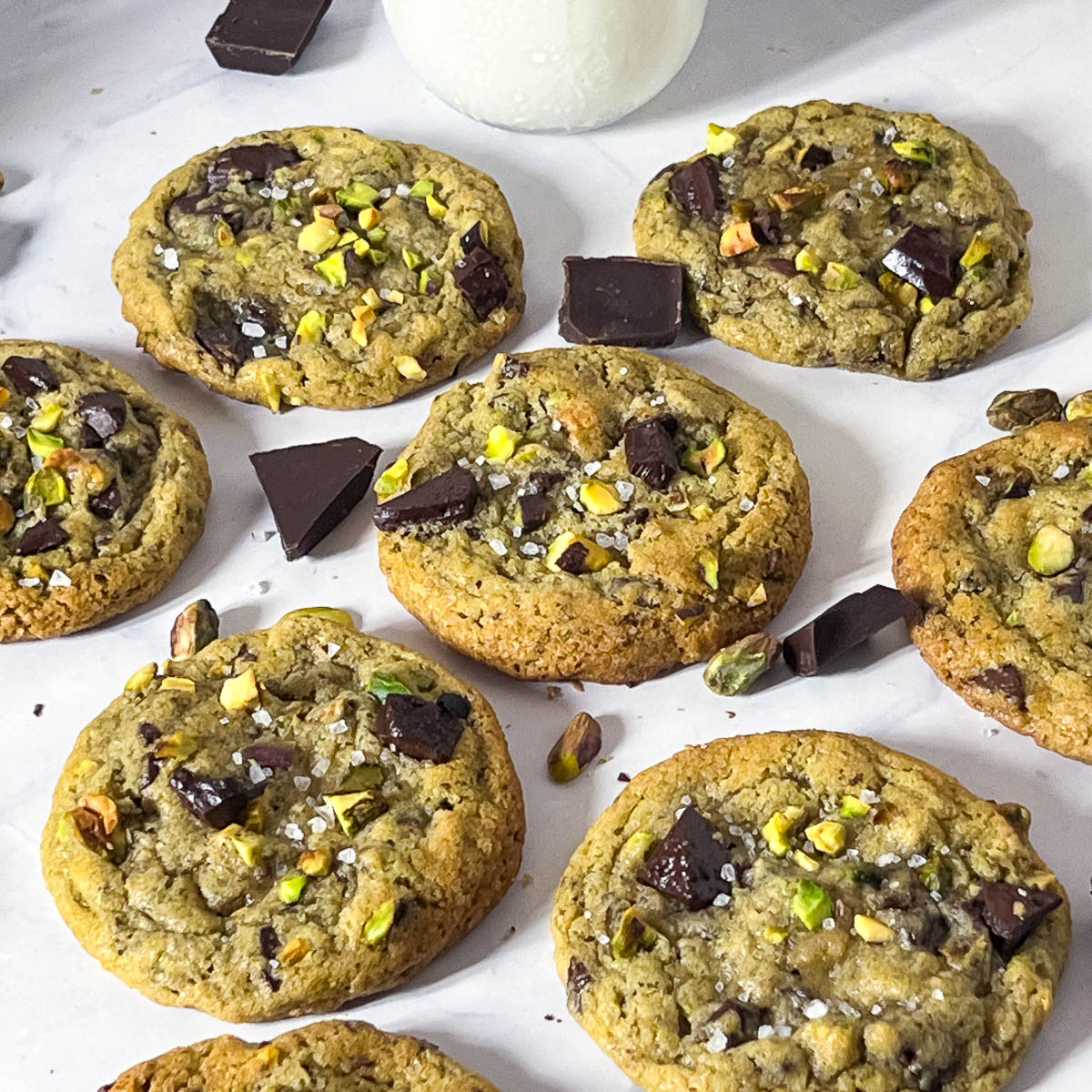 Classic Pistachio Cookies with chocolate on the table.