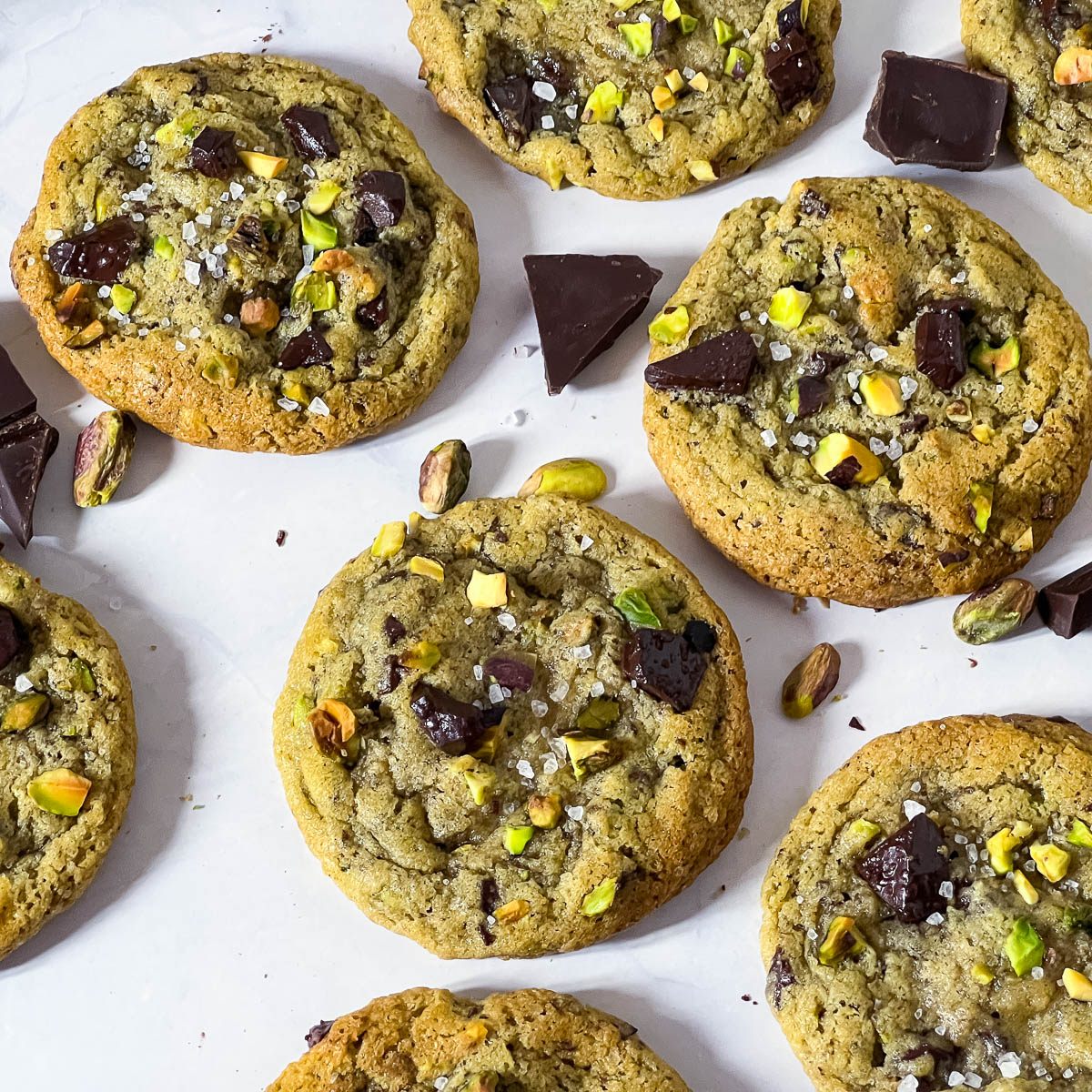 Pistachio cookies on a table.