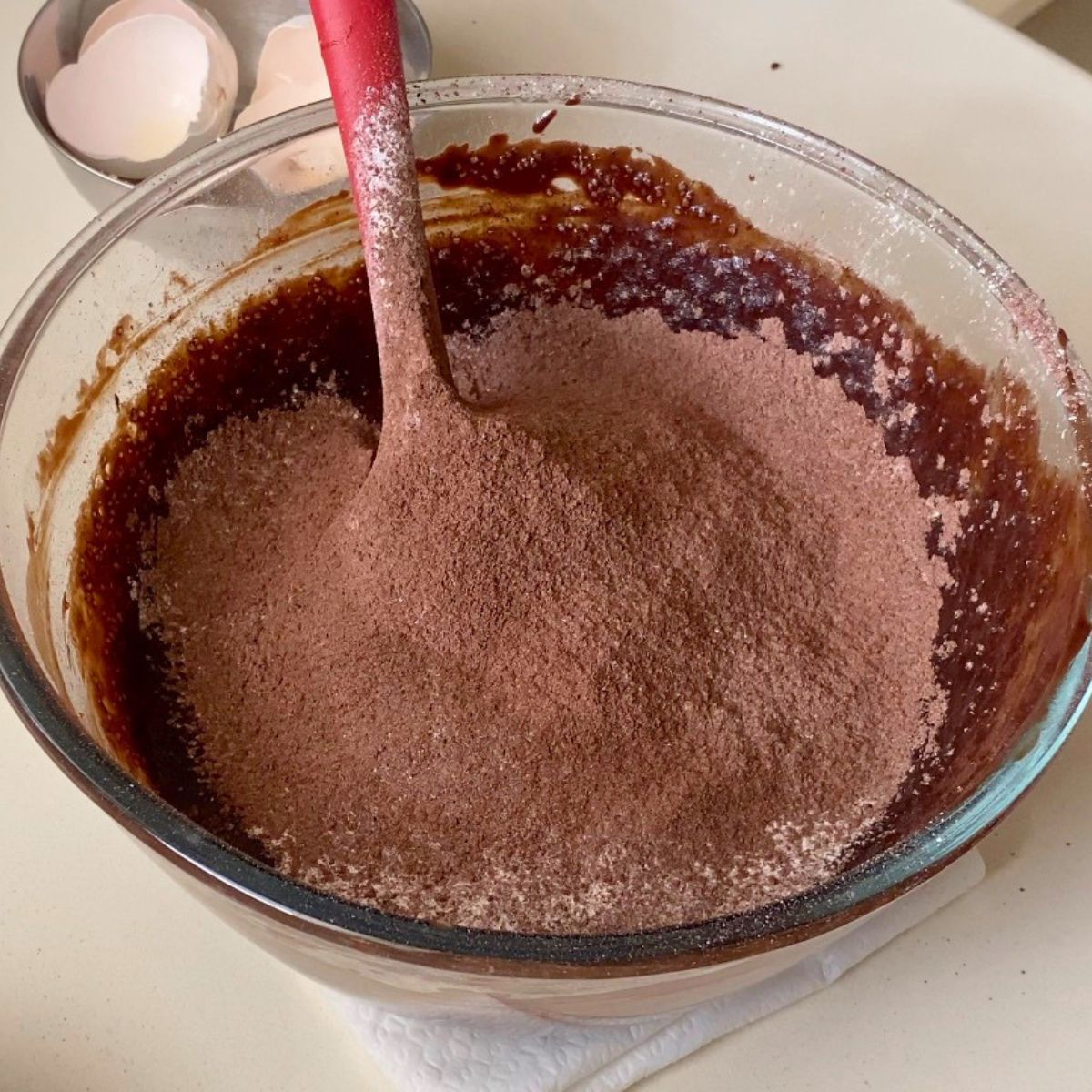 Mixing the chocolate mousse batter.