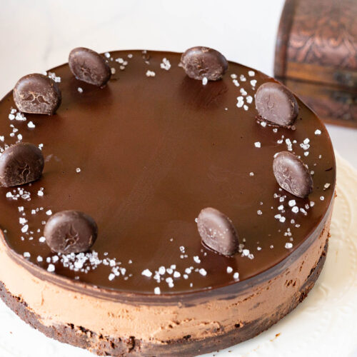 A mousse cake with salt and chocolate.