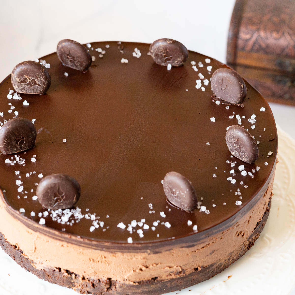 A mousse cake with salt and chocolate.
