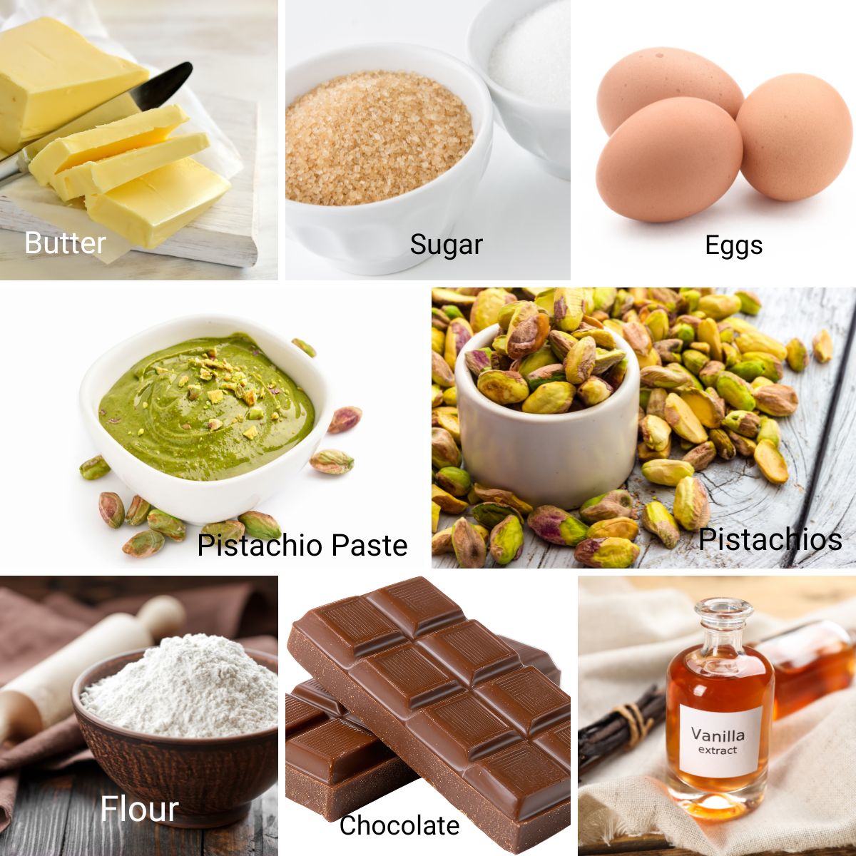 Ingredients for pistachio chocolate chip cookies.