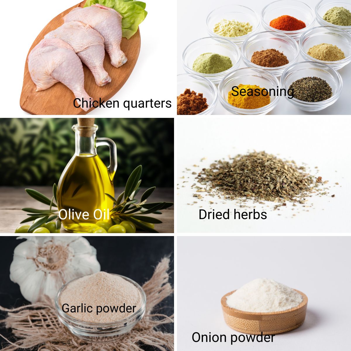 A collage for making Air Fryer Chicken Quarters.