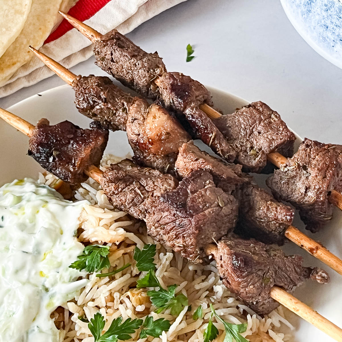 Pinterest image for Lamb Souvlaki Greek Lamb Skewers.