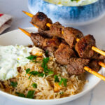 Pinterest image for Lamb Souvlaki Greek Lamb Skewers.