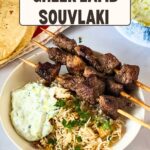 Pinterest image for Lamb Souvlaki Greek Lamb Skewers.