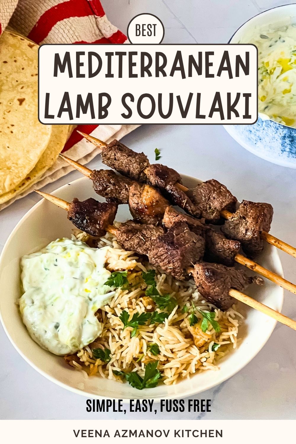 Pinterest image for Lamb Souvlaki Greek Lamb Skewers.