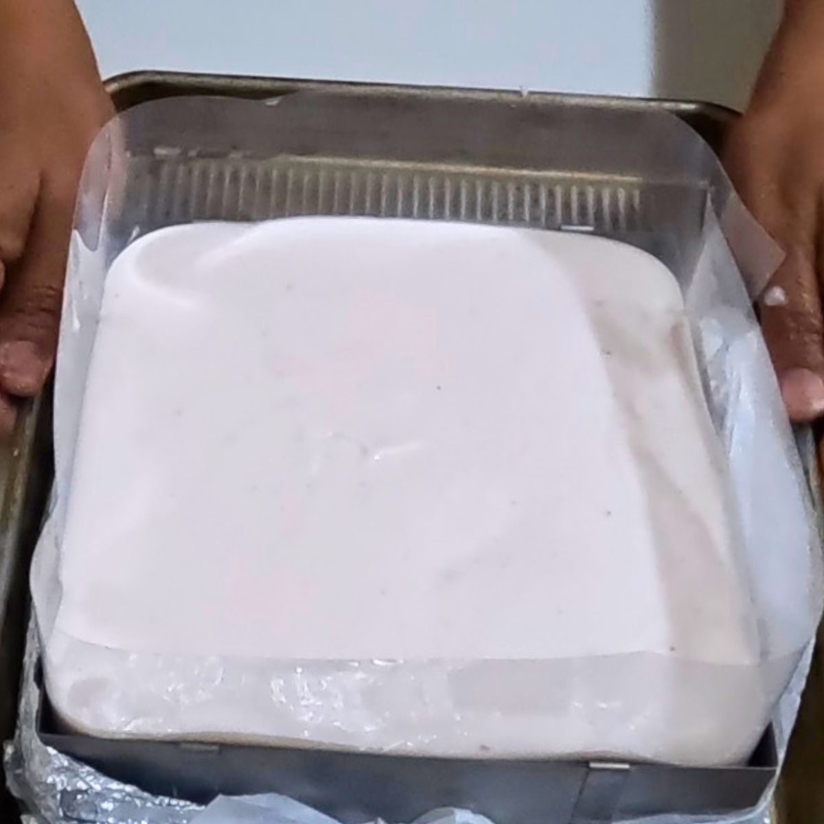 A square pan with no bake strawberry mousse.