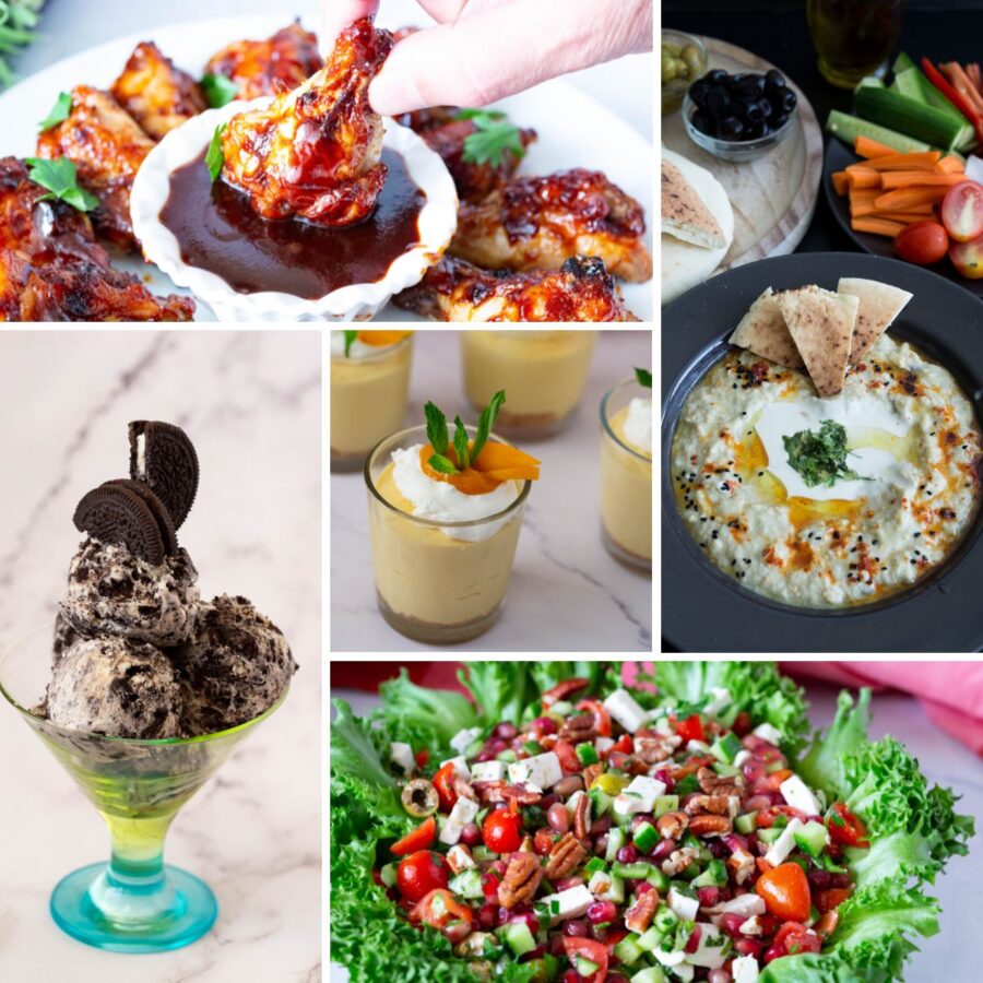 Collage of Easy cookout recipes including BBQ chicken, fresh salads, sides, and summer desserts
