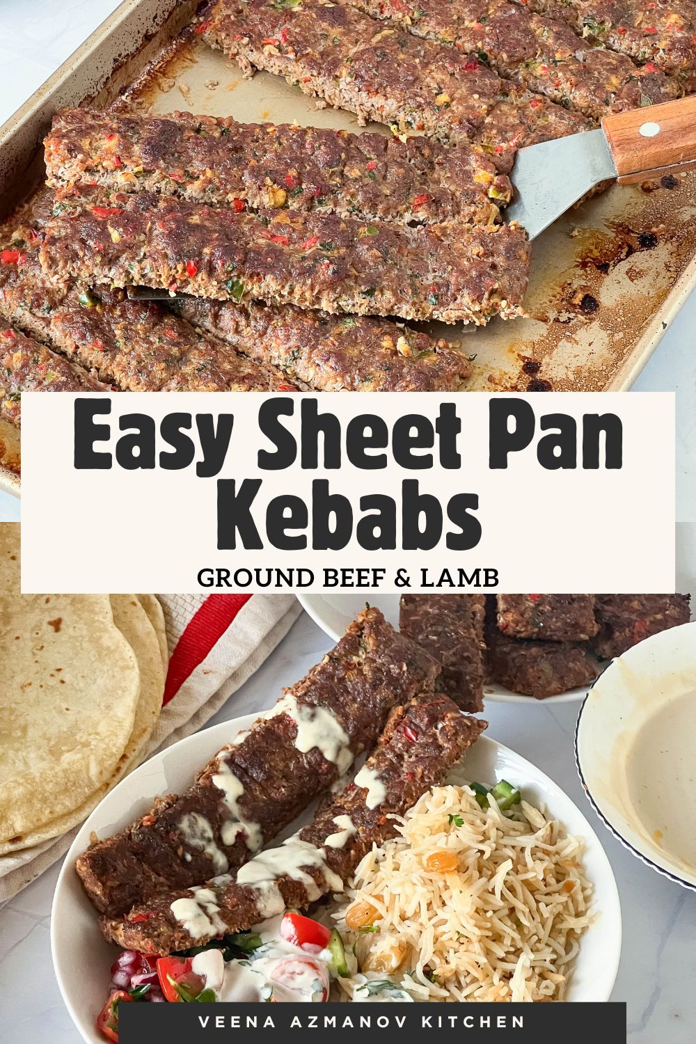 Pinterest image for Sheet Pan Kebabs made with Ground Beef and Lamb.