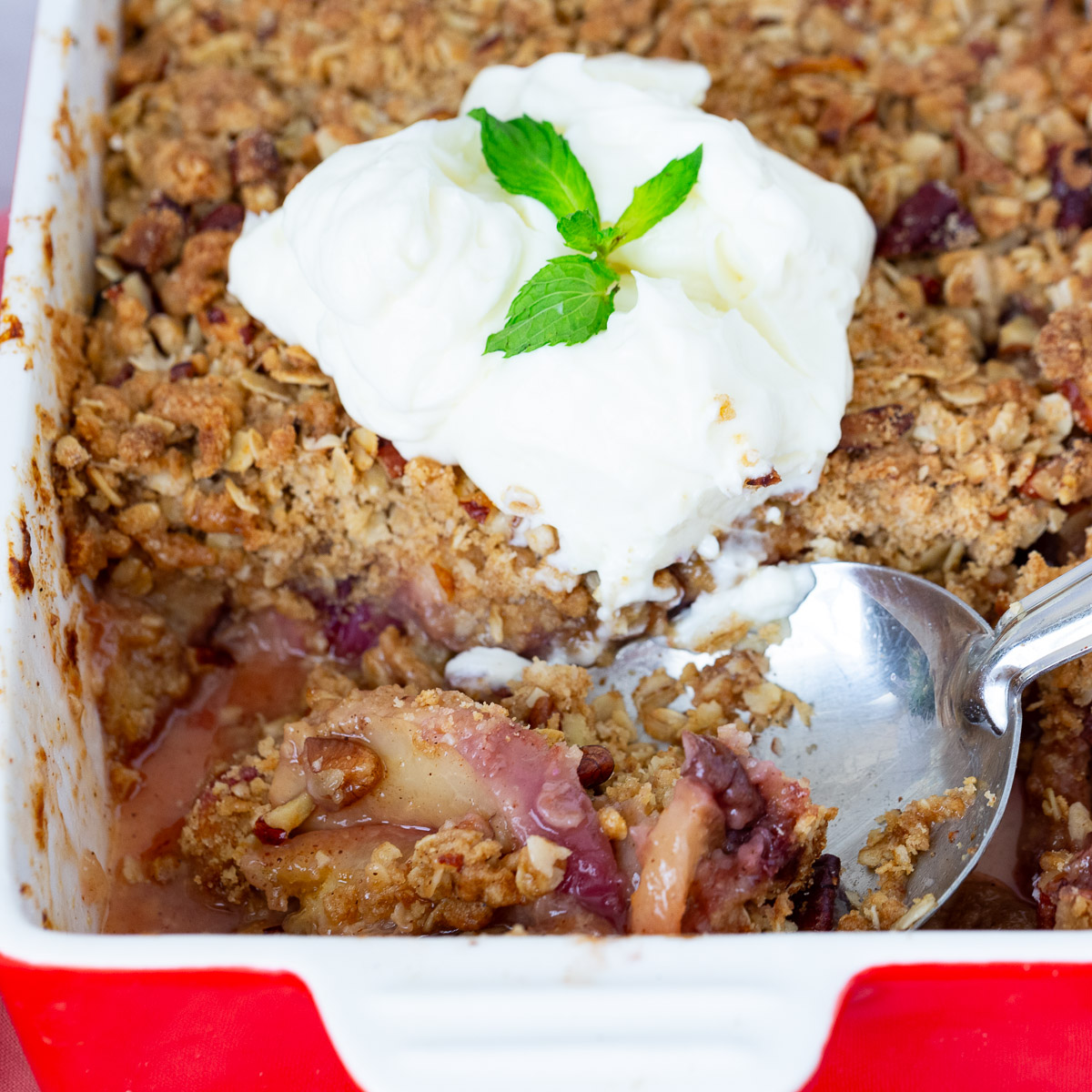 A baking dish with peach crisp.