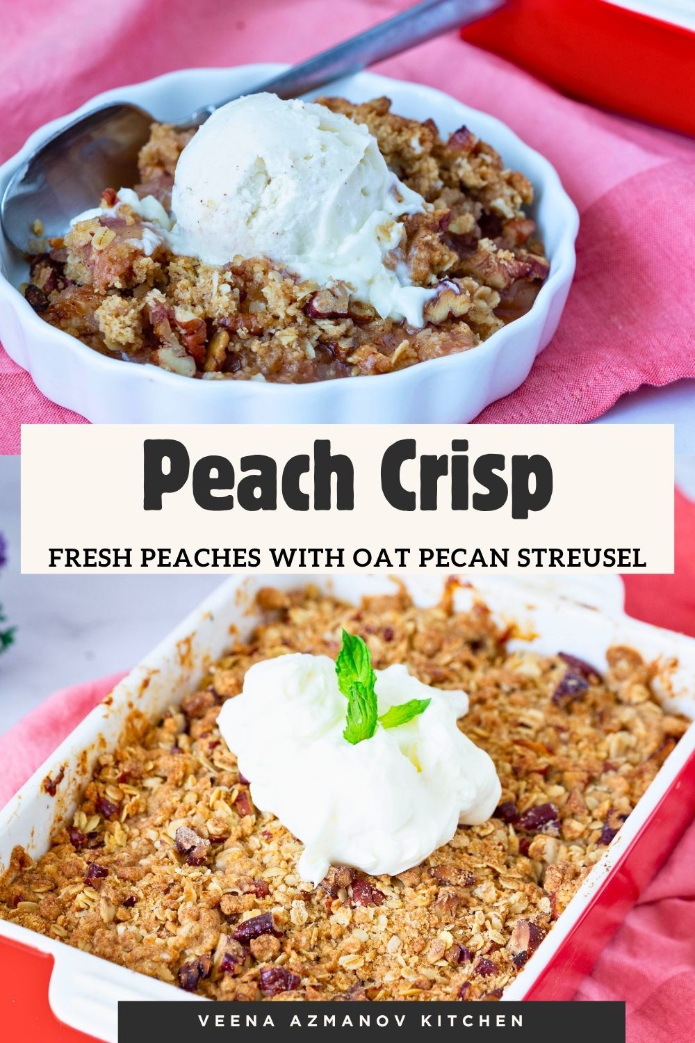Pinterest image for peach crisp.
